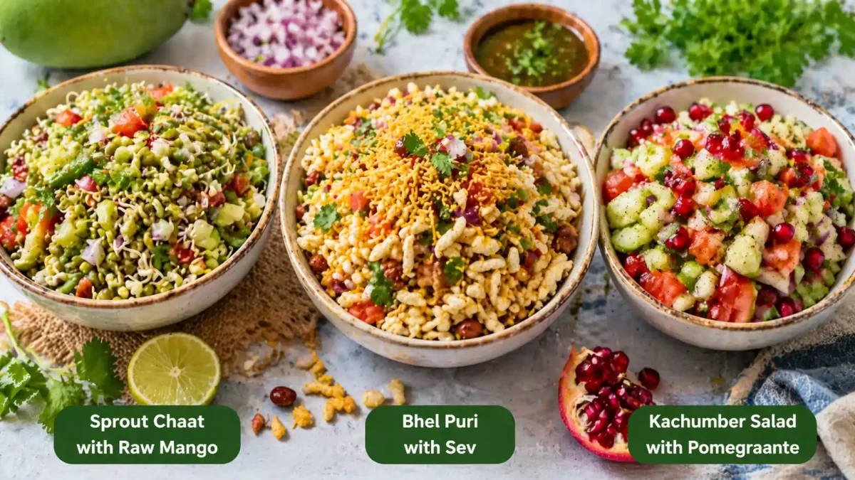 Bowls of Indian no cook summer chaats sprout chaat with raw mango bhel puri with sev and kachumber salad with pomegranate