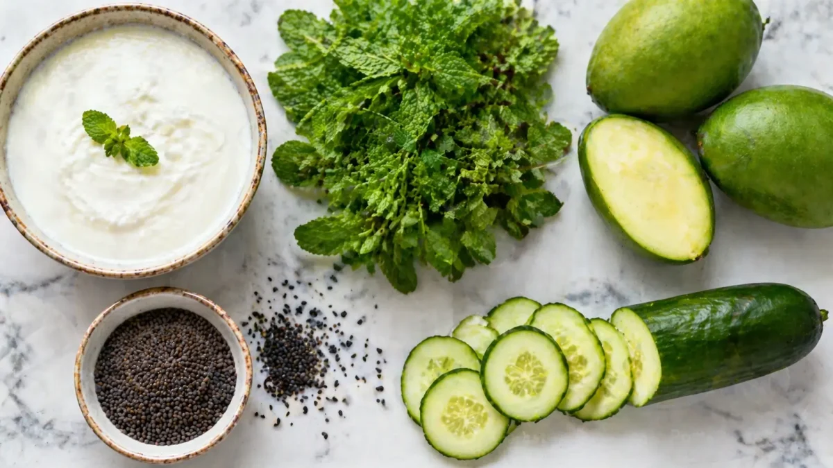 Flat lay of Indian summer cooling ingredients bowl of fresh dahi bunch of pudina whole raw mangoes dry sabja seeds and cucumber on marble