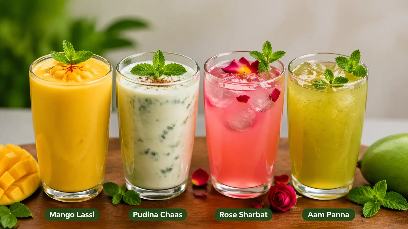Four glasses of Indian no cook summer drinks mango lassi pudina chaas rose sharbat and aam panna with fresh mint