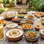 15 no-cook Indian summer recipes spread on a table including mango lassi boondi raita sprout chaat and curd rice