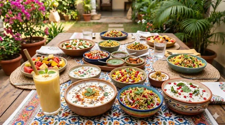 15 no-cook Indian summer recipes spread on a table including mango lassi boondi raita sprout chaat and curd rice
